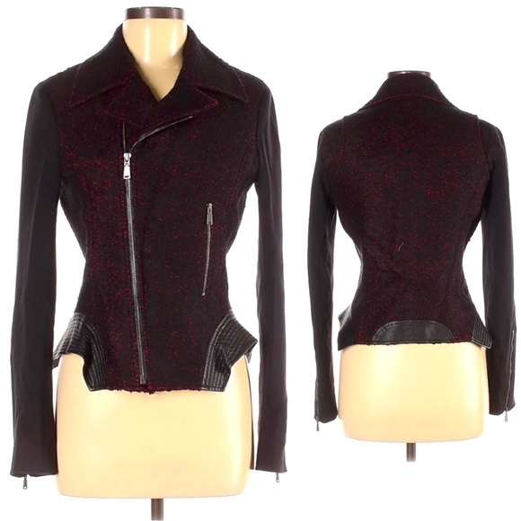 Elie Tahari Tweed Vampire’s Wife Moto ZIP jacket blazer red black size 6 - Picture 1 of 15
